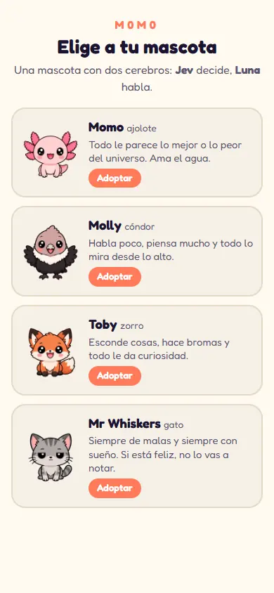 Pantalla para elegir mascota: Momo el ajolote, Molly la cóndor, Toby el zorro y Mr Whiskers el gato